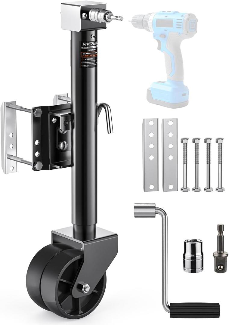 2000 lbs Trailer Jack with Dual Wheel Heavy Duty, 12" Lift, 20-24V Cordless Drill Compatible, for RV, Boat, Yacht & Utility Trailers, Black