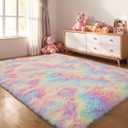 5x8 Rainbow Shaggy Unicorn Kids Rug for Girls Bedroom, Fluffy Fuzzy Soft Shag Princess Area Rugs for Living Room, Pastel Plush Washable NonSlip Carpet for Nursery, Teens Boys Dorm Toddler Room