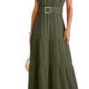 Dokotoo Women's Summer Maxi Dress V-Neck Cap Sleeve Ruched Empire Waist Cocktail Dress Wedding Guest Dresses (Green)