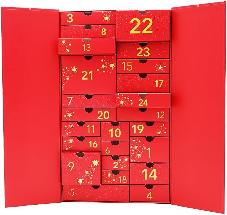 Empty 2025 24 Days Advent Calendar Large to Fill Cosmetics, Makeup, Perfume Packaging Paper Box, Valentin's Day EID Ramadan Gifts Cardboard (Red)