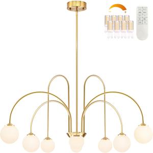 Gold Sputnik Chandelier 8-Light Globe Pendant Light 38.5 Modern Sputnik Light Fixture Dimmable Chandelier with White Globe Glass Mid Century Pendant Light for Bedroom (G9 Bulb & Remote Incl.)