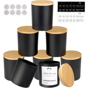 CONNOO 8 Pack 14 OZ Empty Black Glass Candle Jars for Making Candles with Bamboo Lids and Sticky Labels, Bulk Candle Jars for Making Candles - Spice, Powder Containers.