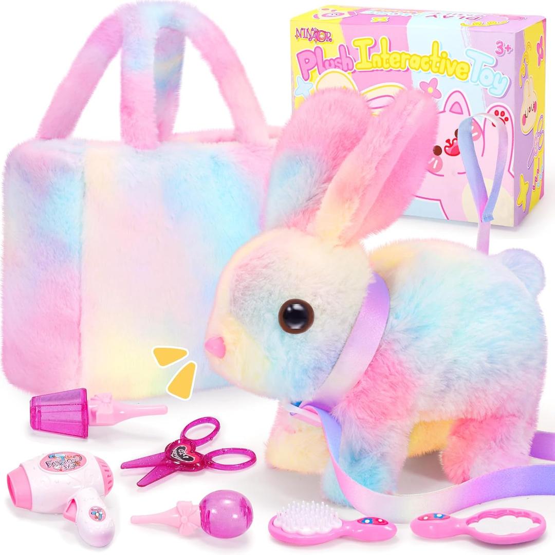 NINAOR Plush Interactive Bunny Toys for Kids with Tote Bags,Stuffed Robot Pet Rabbit with Leash Hopping Wiggle Ears Pretend Play,Realistic Cute Fidget Toys for Toddler Stocking Stuffers Birthday Gifts, Rabbit