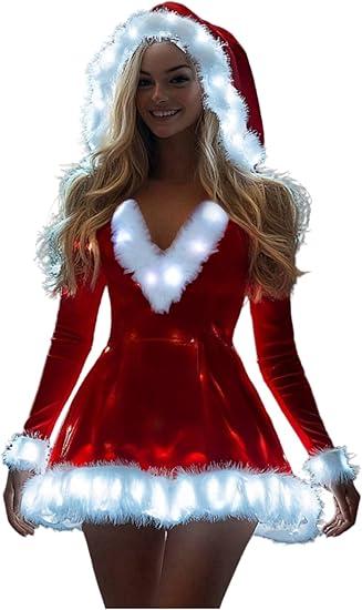 Women's Santa Costume LED Light Up Christmas Dress Cosplay Mrs. Claus Costume S