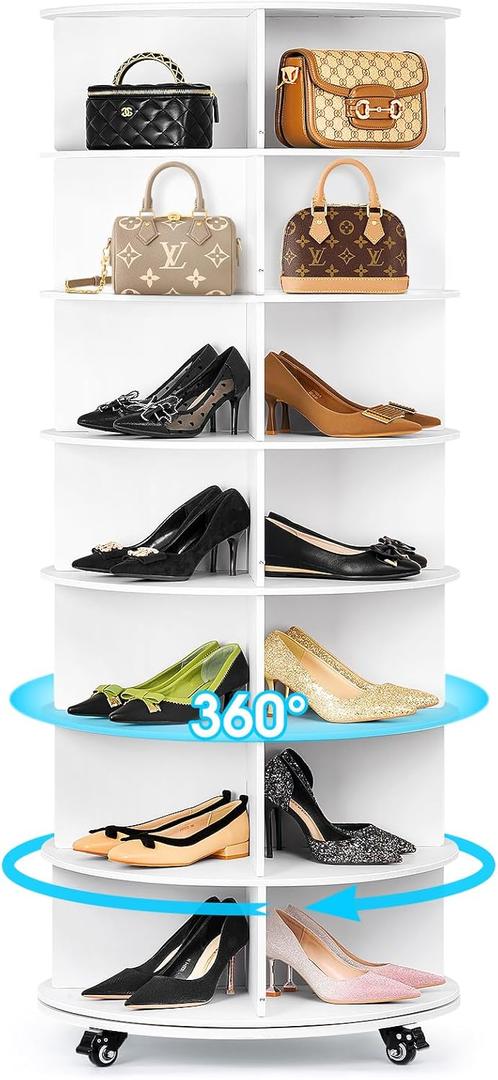 7 Tier 360 Rotating Shoe Rack Tower, Spinning Shoe Display Lazy Susan, Revolving Shoe Rack Storage Round Carousel, Vertical Handbag Rotate Shoes Closet Organization White