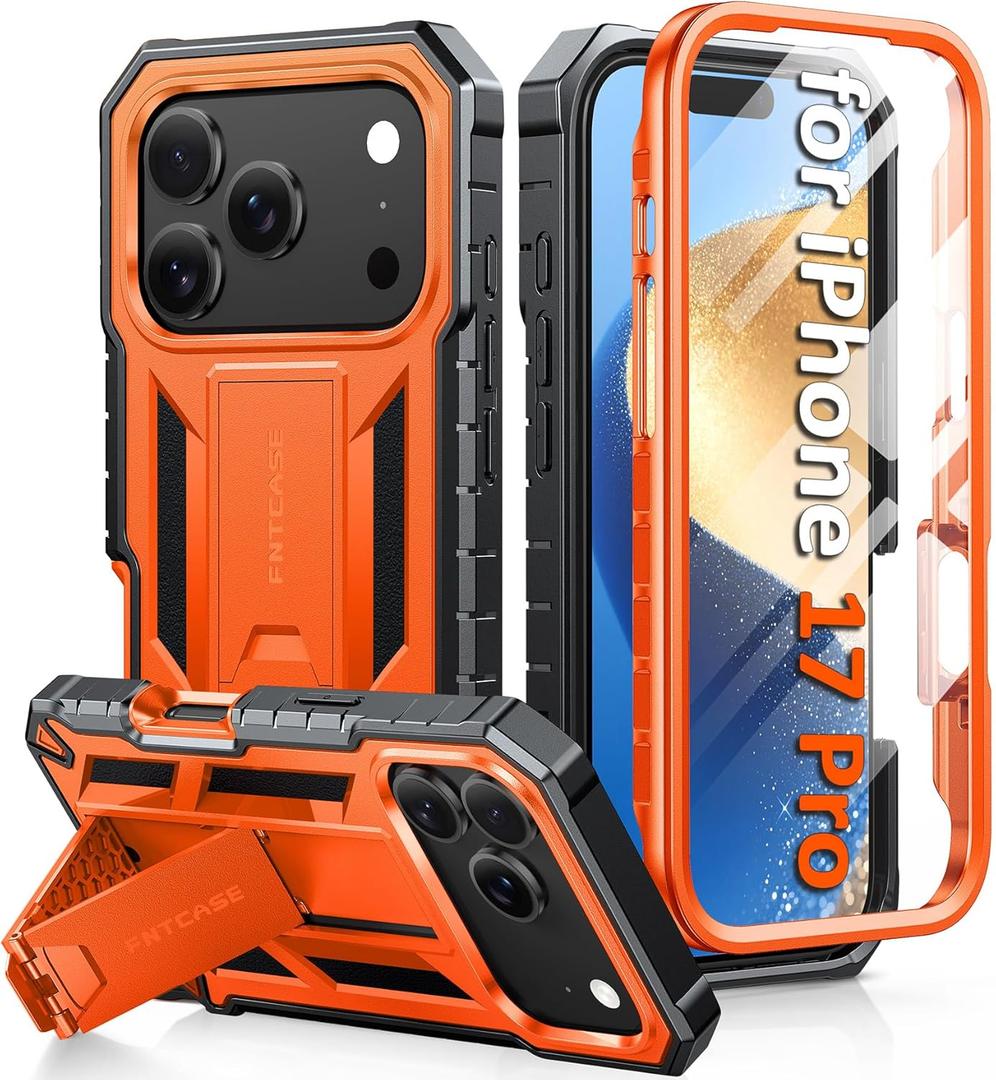 FNTCASE for iPhone 17 Pro Case: Military Grade Drop Proof Protection Mobile Cover with Kickstand | Matte Textured Rugged Shockproof TPU | Protective Sturdy iPhone 17 Pro Phone Cases 2025 - Orange