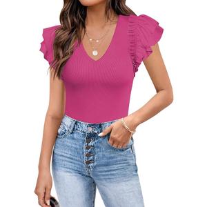 MISSJOY Womens V Neck Ruffle Short Sleeve Ribbed Slimming Basic Bodysuit Leotards Tops Blouses,Pink, Size L
