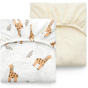 Momcozy Muslin Standard Fitted Crib Sheets, 52"x28", 2 Pack Soft Breathable Natural Cotton Baby Mattress Sheet, 360 Mattress Wrapping No Slip Boys Girls Neutral Toddler Bed Sheet, Bravery Giraffe