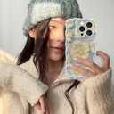 Jusy Compatible with iPhone 13 Pro, Colorful Retro Oil Painting Printed Flower Laser Glossy Pattern Cute Curly Wave Phone Case Soft TPU Cover for Girly Women -Light Blue