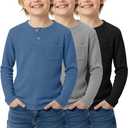 LessonZoo 3 Pack Boy's Henley Long Sleeve Shirts Waffle Thermal Tops 5-14 Years Kids Casual Sport Sweatshirts with Pocket(Haze Blue, Gray, Black, 5-6 Years)