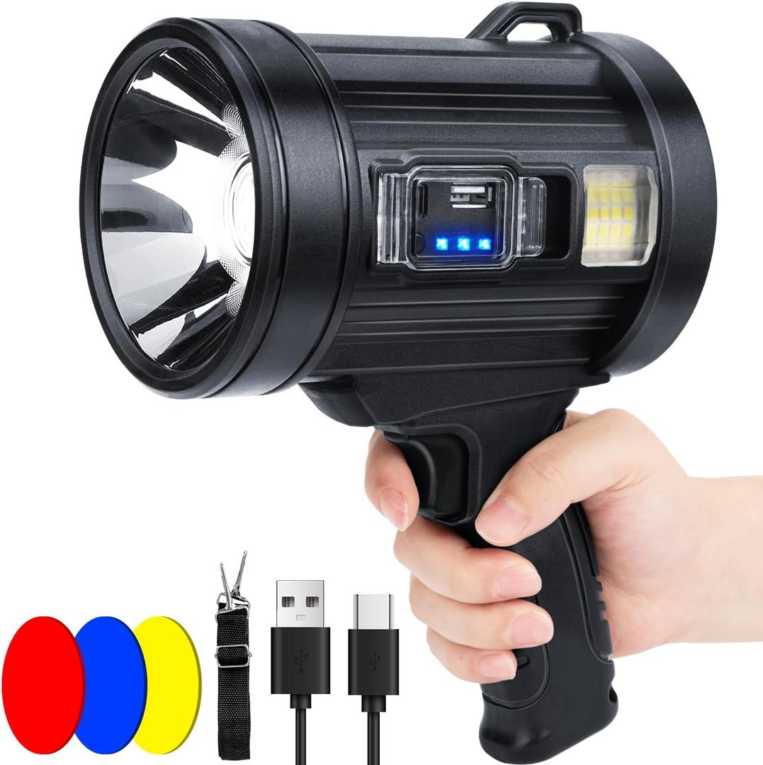 Rechargeable Spotlight Flashlight, 99,000 Lumens Spot Light Handheld Spot Lights, LED Spotlights with COB Light,Super Bright Hand Held Spotlight for Boat