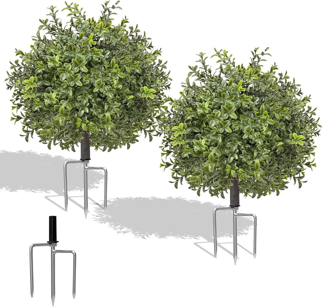 EREAL 24'' Artificial Boxwood Topiary 2 Pack, UV Resistant Outdoor Faux Boxwood Ball Tree with Metal Ground Spikes, No Maintenance Artificial Plants for Front Door, Porch, Entryway, Garden Decor