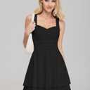 IWD Women's Square Neck Sleeveless Mini Dress Ruched Waist Tiered Ruffle Hem A Line Short Dresses (Black, S)