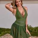 Womens One Piece Swim Dress Swimsuit Tummy Control Bathing Suit Halter Mesh Sheer Swimwear (Green, S)