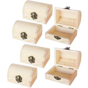 Juvale 6 Pack Small Wooden Boxes for Crafts with Hinged Lids & Front Clasp Unfinished Paintable Treasure Boxes for Arts & Crafts, Halloween & Pirate Party - 2.76 x 3.9 x 2.36 Inches Treasure Chest Set