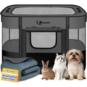 Dog Playpen, Cat Pet Puppy Pen, Portable Playpens for Dogs Indoor Outdoor Travel Camping Use, Foldable Dog Kennel Tent Crate for Rabbit Small Animals with Carrying Case (Dark Grey with Pad, Small)