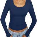 EasyGala Womens Double Lined Scoop Neck Long Sleeve Shirts Fitted Basic Tee Y2k Going Out Tops Fall Clothes 2025 XS, Navy Blue