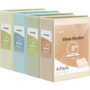 SUNEE 3 Ring Binder 3 Inch 4 Pack, Clear View Binder Three Ring PVC-Free (Fit 8.5x11 Inches) for School or Office Supplies, Neutral Aesthetic