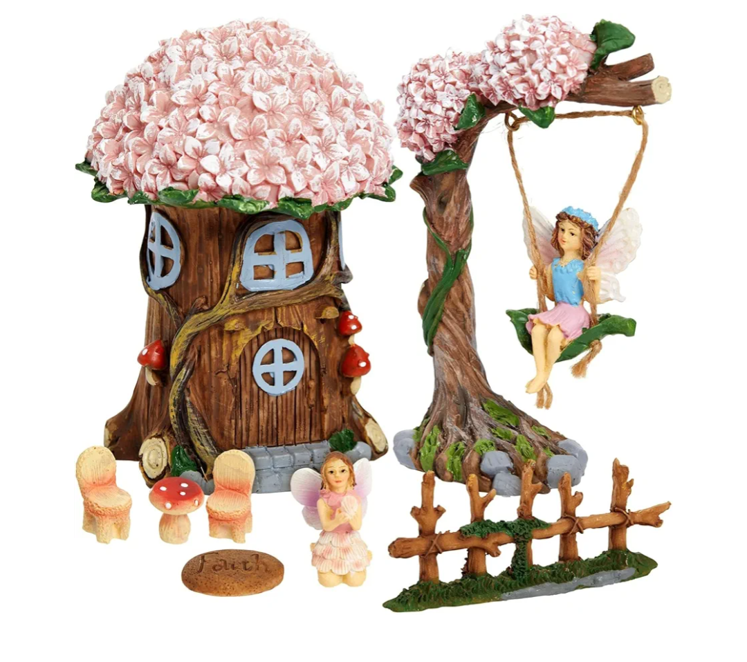 Juvale 8 Piece Miniature Fairy Garden Accessories Outdoor Decor Figurines Kit for Kids, Mini Whimsical Ornaments and Decorations for Patio, House, Garden, Desk, Yard Supplies