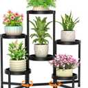 LASZOLA 6 Tiered Plant Stand Indoor Outdoor with Plastic Tray, Corner Folding Tall Flower Display Rack, Modern Plant Holder Shelf for Outdoor Patio Porch Garden Office Living Room, Black
