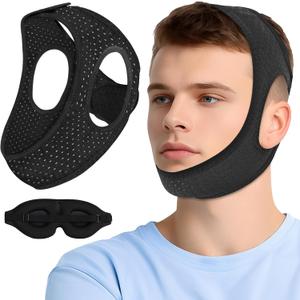 Chin Strap for Sleeping, Anti Snoring Devices Comfortable Effective Stop Snoring Solution, Snore Stopper Breathable, Anti Snore Chin Strap Adjustable Velcro, with Eye Mask, Black-GSDDS