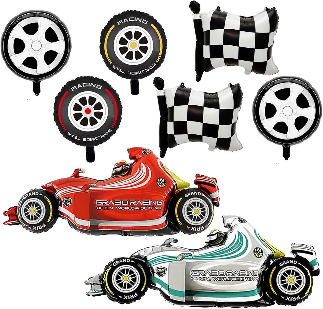 Race Car Balloons, 43 Inch Race Car Birthday Party Decorations, Wheel Tire Foil Balloons, Two Fast Birthday Decorations, Black and White Checkered Balloons, Cars Birthday Party Supplies - Pack of 8