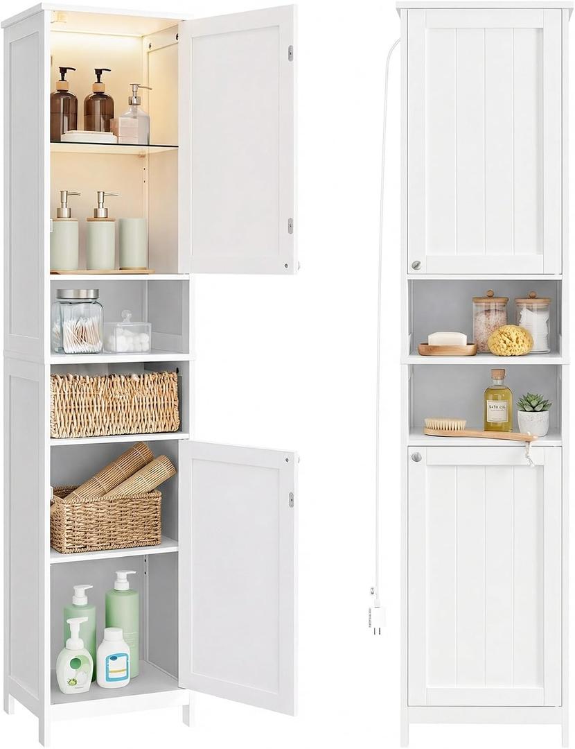 VASAGLE Tall Bathroom Cabinet with Lights, Slim Freestanding Bathroom Storage Cabinet with Adjustable Shelves, for Small Spaces, Modern, 15.7 Inches Wide, Cloud White UBBC766W02, 11.8"D x 15.7"W x 66.9"H