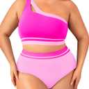 Aqua Eve Women Plus Size High Waisted Bikini One Shoulder Two Piece Swimsuit Color Block Bathing Suits (14 Plus, Pink)