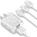 Bling USB Wall Charger with Charging Cable,Fast Block for iPhone Android,3 in 1 Multi Cable Micro USB Type C Multiple USB Cord with Crystal Decoration,Cell Phone Accessories for Women,Girls