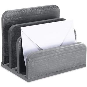 Briwooody Wooden Mail Organizer 3 Slots Mail Holder for Desk Wood File Paper Letter Holder for Letter Envelope Filing Cell Phone Document Storage, Organizer Tray for Office and Home(Grey)