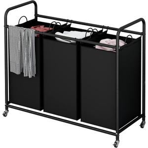 LINZINAR 3-Bag Laundry Basket, Black Laundry Hamper, 35.6 Gal(135 L) Laundry Sorter Cart Laundry Room Organization with Heavy Duty Rolling Lockable Wheels and Removable Bags
