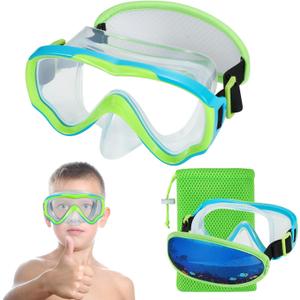 Swim Goggles Kids 6-14, Diving Mask No Tangle StrapWater Goggles Nose Cover for JR / Youth (1PK - Blue & Green)