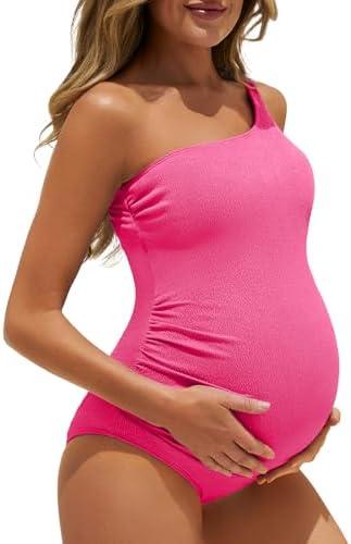 Summer Mae Maternity Swimsuit One Piece One Shoulder Ribbed Pregnancy Bathing Suit, Size Medium