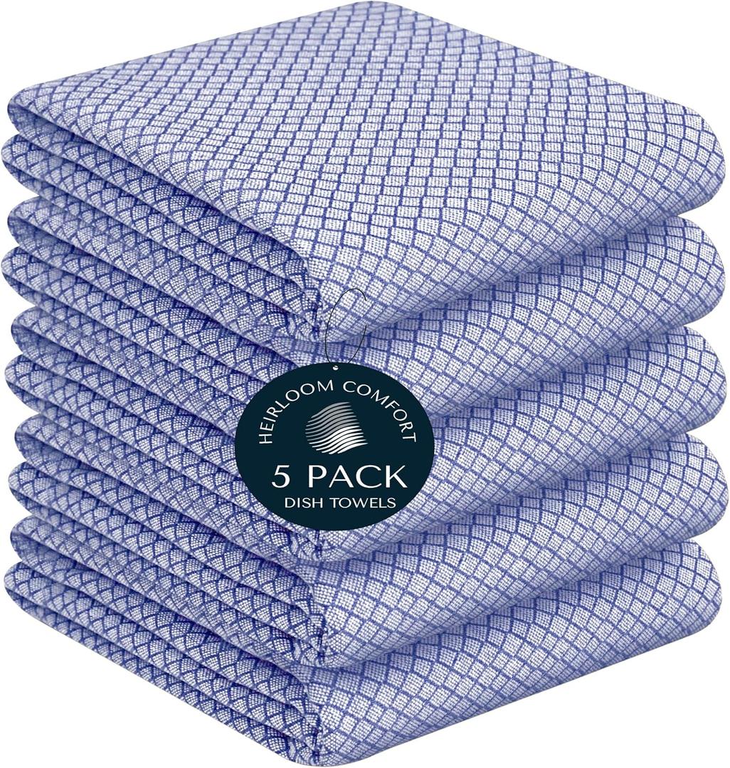 2 x Indigo Blue Honeycomb Kitchen Towels 5 Pack, 16x26 Inch, 100% Cotton, Quick Dry, Soft & Absorbent Dish Towels for Cleaning, Wiping, Kitchen Chores & Restaurant or Catering Use
