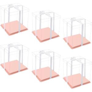 XININSUN pink clear cake box with ribbon,12x12x10inch tall cake boxes for tiered cake, transparent cake carrier, cake containers clear gift box for wedding, birthday, party(6pcs)