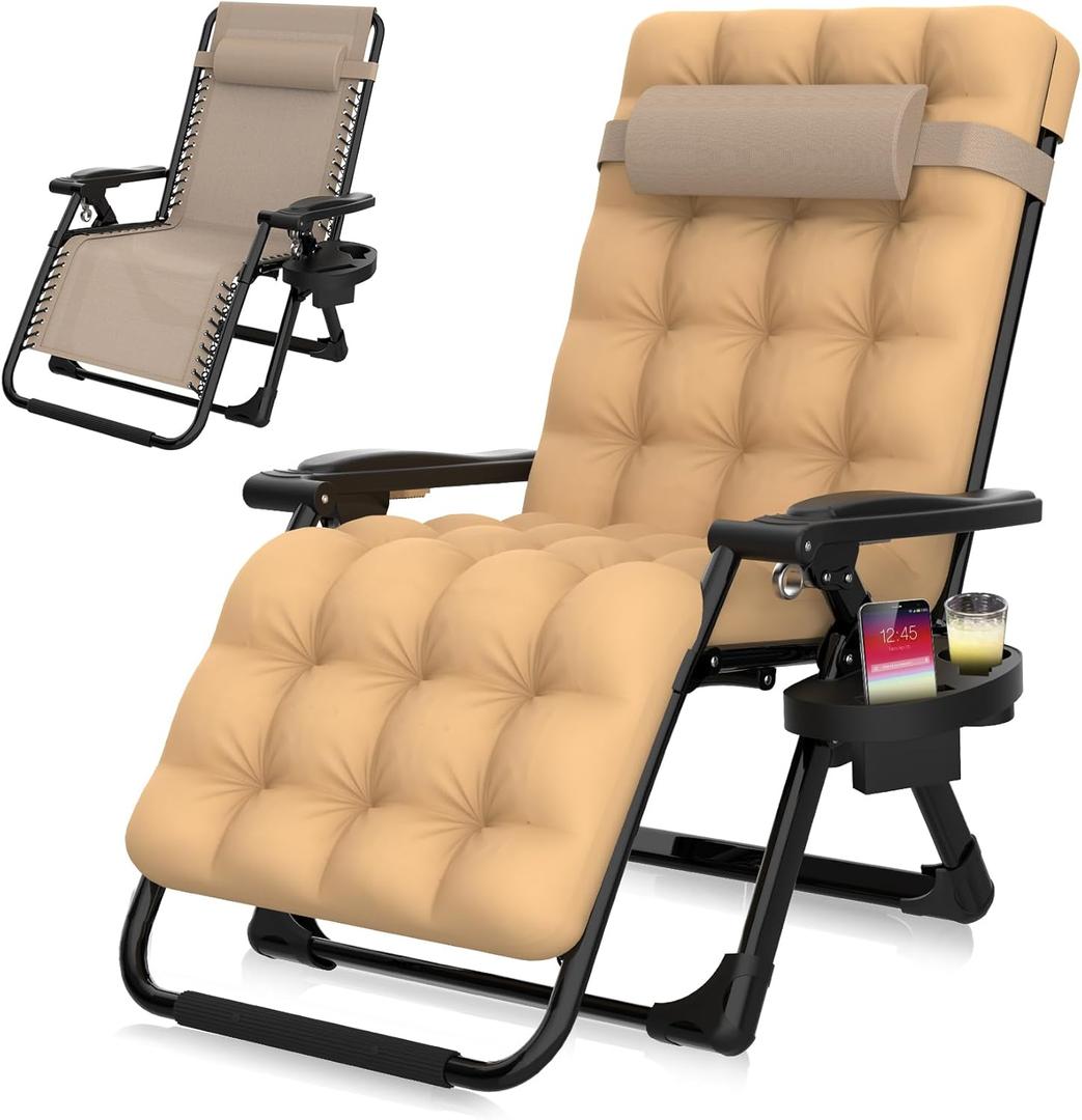 Suteck Zero Gravity Chair, Reclining Camping Lounge Chair w/Removable Cushion, Upgraded Lock and Cup Holder, Reclining Patio Chairs Folding Recliner for Indoor and Outdoor, Beige
