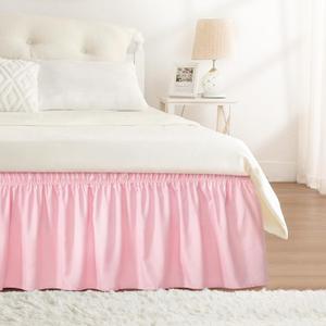 RIMELA Pink Bed Skirt Twin Size 15 Inch Drop, Elastic Bed Skirting for Bed Base and Frame, Bedding Dust Ruffle Easy to Install, Lightweight Wrap Around Adjustable Bedskirt