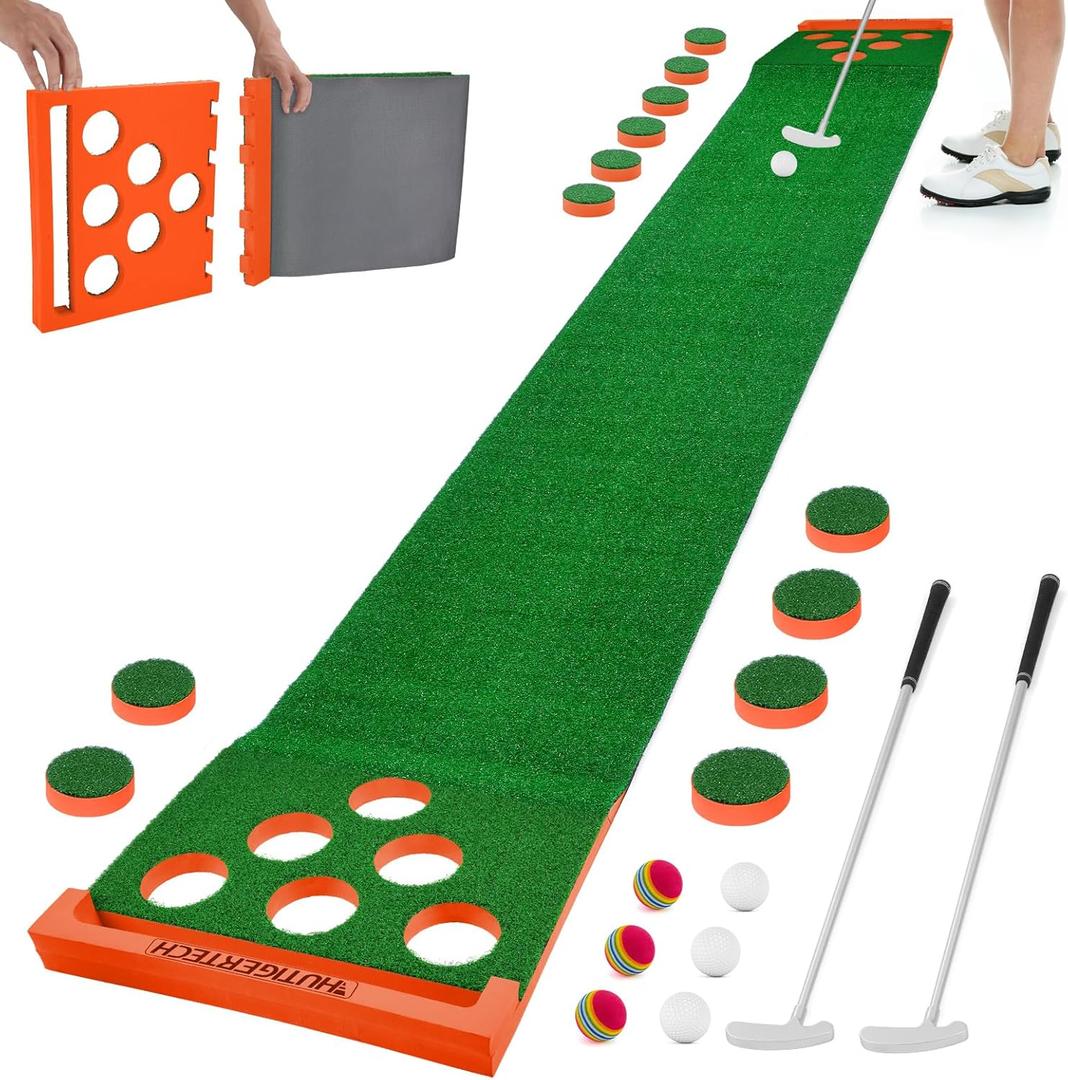 Golf Putting Green Mat with Auto Ball Return, Crystal Velvet Mat and Solid Wood Base, Mini Golf Game Practice Equipment Training Mat for Home Office Indoor Outdoor Use (Orange)