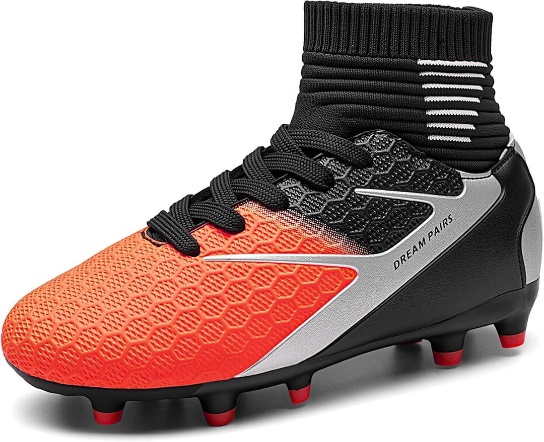 DREAM PAIRS Boys Girls Soccer Cleats Youth Firm Groud Outdoor Sport Athletic High Top Football Shoes for Little/ Big Kid, Size 2 Little Kid, Black/ Grey/ Orange 