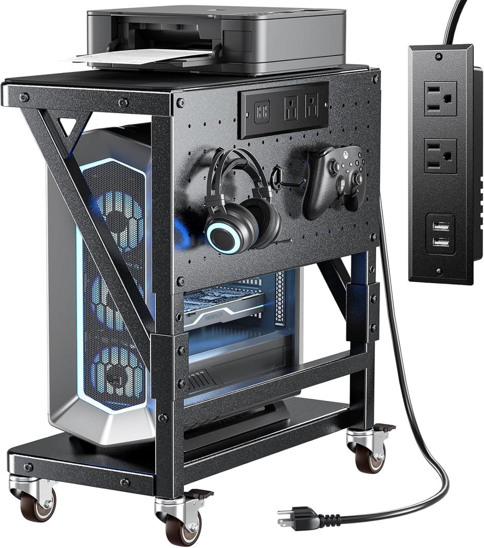 POKIPO Computer Tower Stand with Charge Station and USB Port,Pc CPU Holder Cart for Floor Carpet with Wheels,Heavy Duty Metal,Adjustable Height,Rolling Pc Printer Desktop Under Desk for Home Office