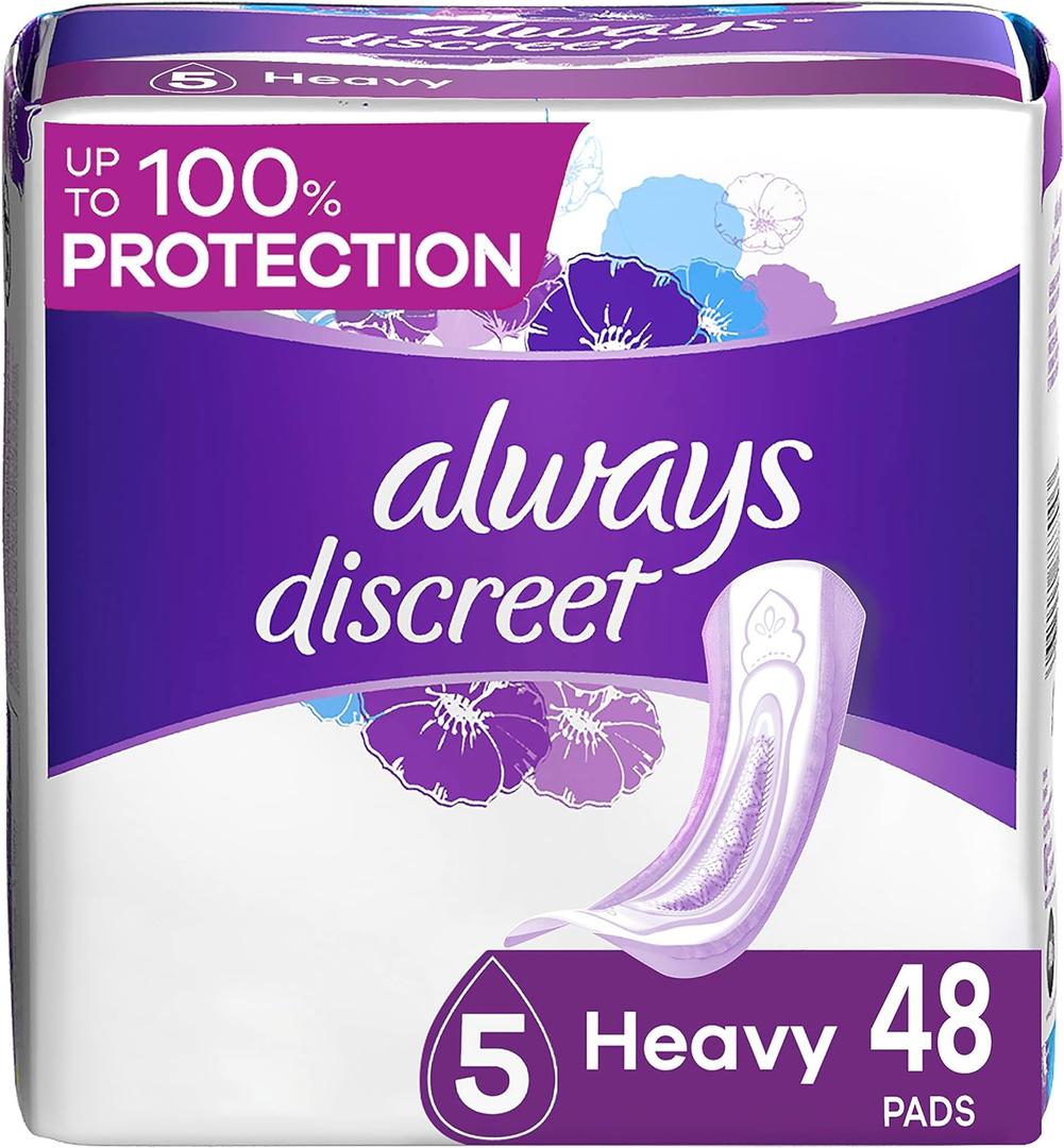 Always Discreet Incontinence Pads for Women and Postpartum Pads, Heavy, 48 CT, up to 100% Bladder Leak Protection