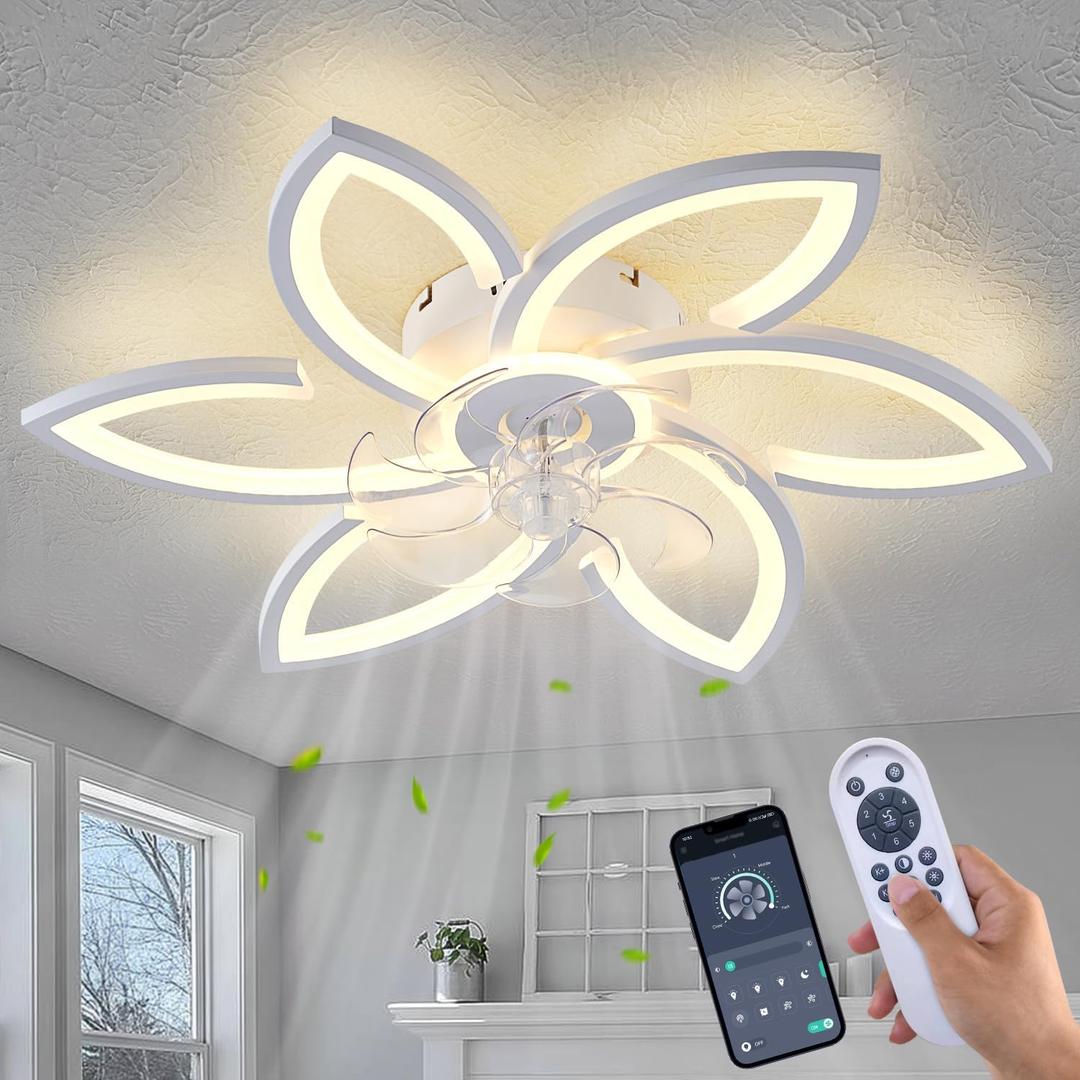 Ceiling Fan with Lights Remote Control, White Flower Ceiling Fan with Light, 3 Light Color Modern Low Profile Flush Mount Ceiling Fan for Kitchen Bedroom Living Room