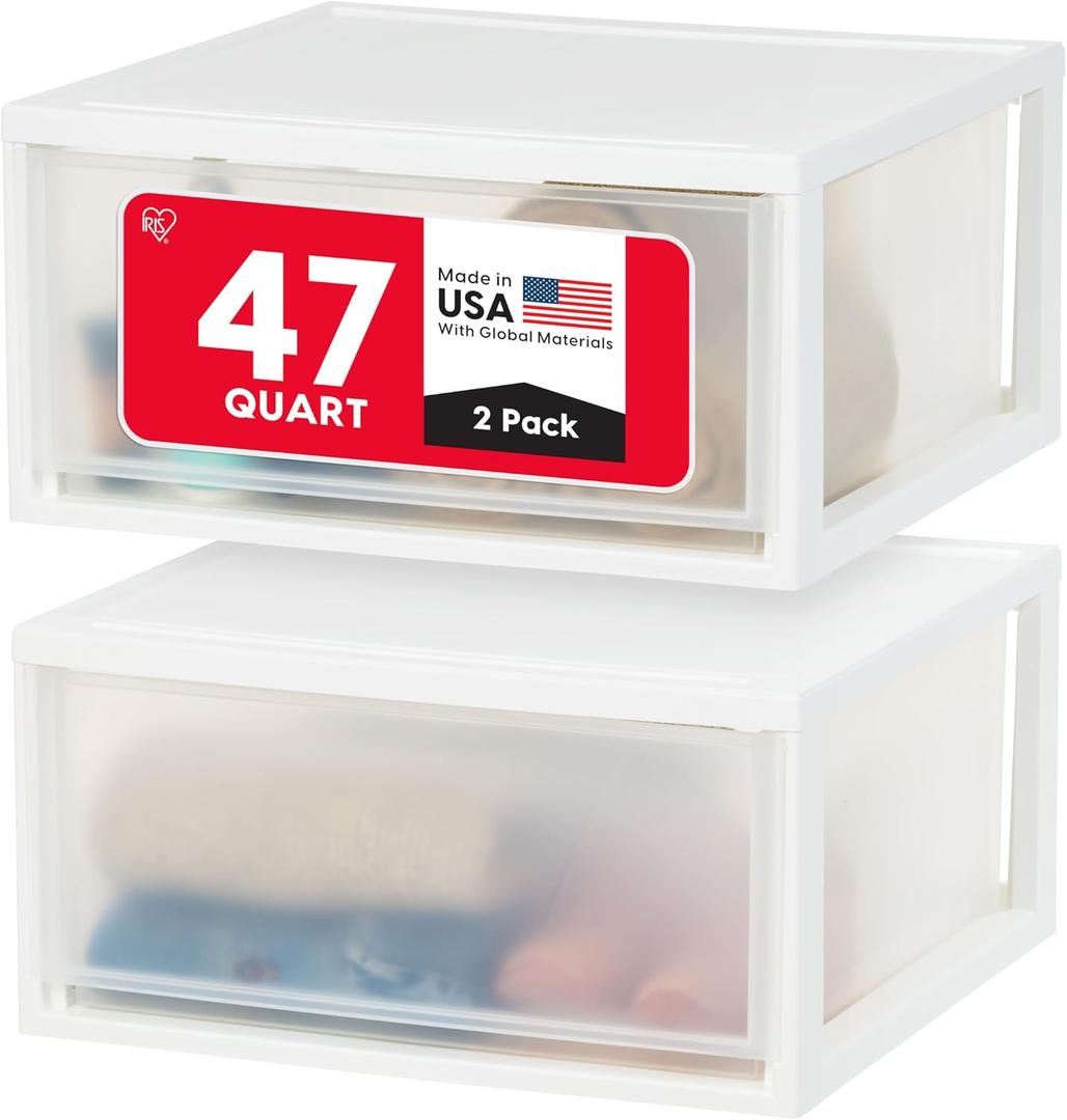 IRIS USA 47 Qt. Extra-Large Stackable Storage Drawer Plastic Drawer Organizer with Clear Doors, for Pantry Bedroom Closet Kitchen Under-Sink Home and Office De-Clutter Shoes and Crafts, White, 2-Pack