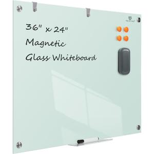 TSJ OFFICE Glass Dry-Erase Board - 36 x 24 Inches Wall Mounted Whiteboard with Magnetism, Large Frameless Glass White Board for Office, Home & School (36"x24", White)
