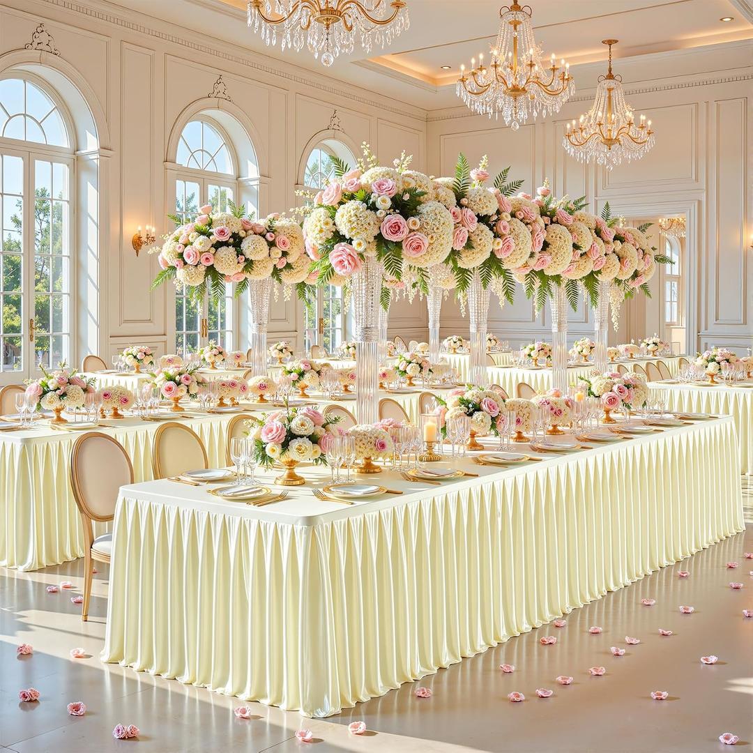 8ft Champagne Satin Tablecloths for Rectangle Tables - Shiny Spandex Party Table Cover with Pleated Table Skirt, No-Wrinkle & Glossy Wedding Tablecloth One-Piece for Birthday Baby Shower Banquets