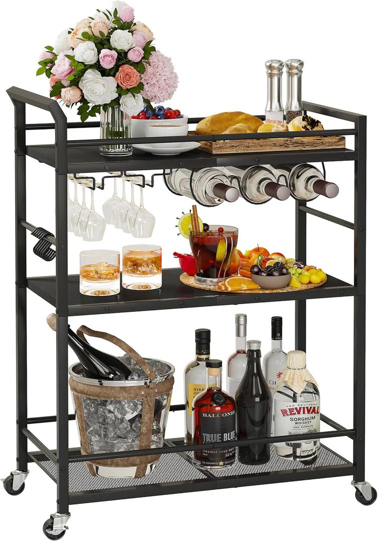 3 Tier Bar Cart, Small Beverage Cart, Mini Bar Cart with Wine Rack, Home Bar Serving Cart with Wheels for Kitchen Dining Living Room (Black, General)