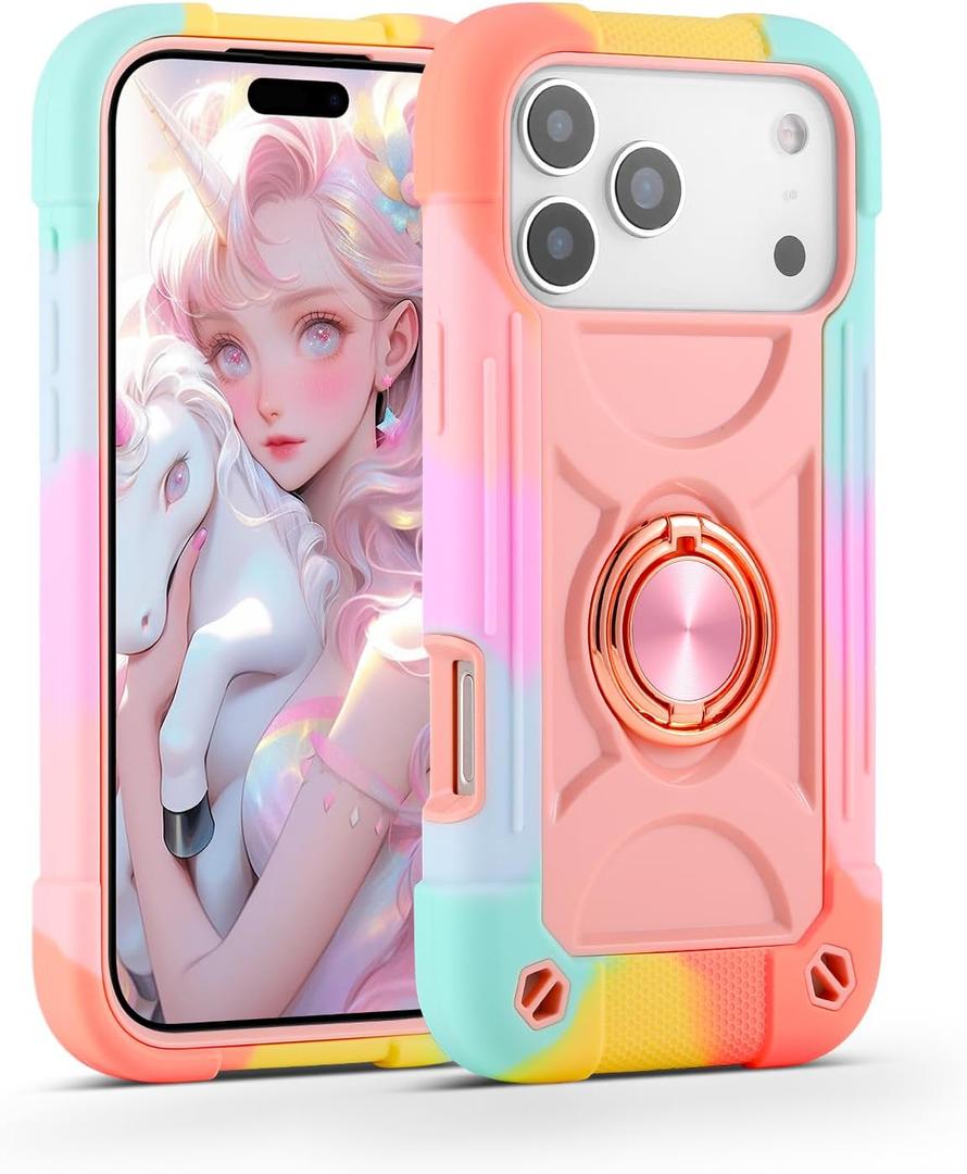 MARKILL Compatible with iPhone 17 Pro Case 6.3 Inch with Ring Stand, Military Grade Drop Protection Full Body Rugged Heavy Duty Case 3 in 1 Protective Durable Cover (Rainbow Pink)