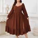 SCOMCHIC Womens Plus Size Wedding Guest Cocktail Dress Sweetheart Neckline Long Sleeve Smocked Ruffle Slit Maxi Dresses (Brown)