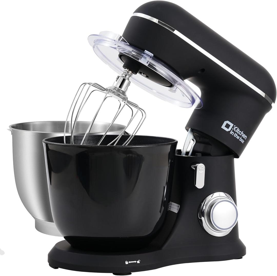 Kitchen in the box Stand Mixer, 4.5QT+5QT Two bowls Electric Food Mixer, 10 Speeds 3-IN-1 Kitchen Mixer for Daily Use with Egg Whisk, Dough Hook, Flat Beater (Onyx Black, 5QT)