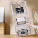 WMM Purse Storage Organizer for Closet, 3 Packs Plastic Acrylic Clear Handbag Purse Shoes Book Figure Toy Display Case, Storage Bins for Cosmetic, Stackable Magnetic Drop Front Storage Organizer